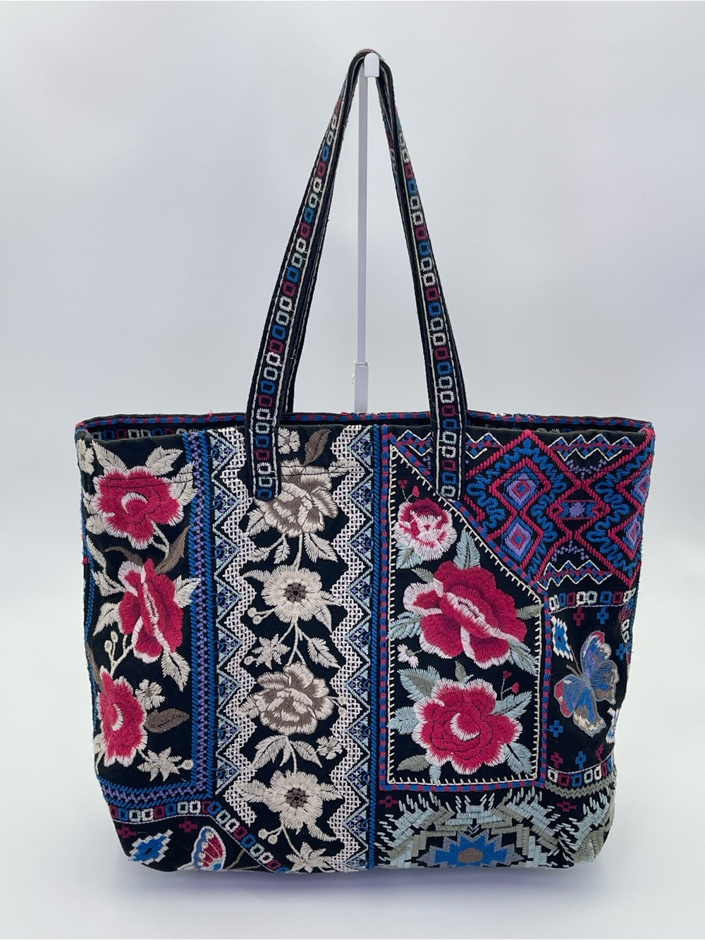 Johnny Was Florence Every Day Tote Embroidered Floral Butterfly Blue Pink White